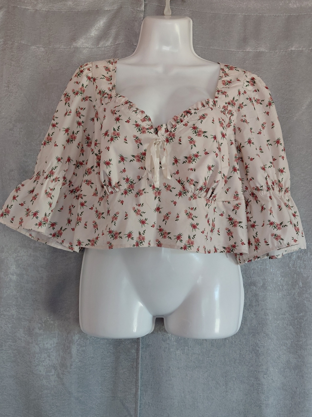 Shein Curve 4XL Cottagecore Floral Tie Front Crop Blouse Bell Sleeves